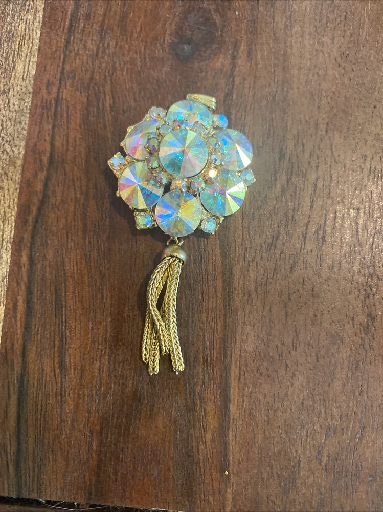 Vintage Edlee Aurora Borealis Rivoli Rhinestones Gold Tone Pendant w/ Tassle 3”