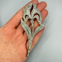 VTG Art Deco Pot Metal Floral Brooch c. 1930s Large Silver Tone Rhinestones